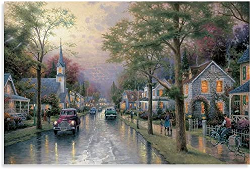 DIY 5d Diamant Malerei Kits FüR Erwachsene Und Kinder Thomas Kinkade Heimatstadt Morgen Kreuzstich Art Kristall Strass Stickerei Painting 11.8"x15.7"(30x40cm) Kein Rahmen von Welmini