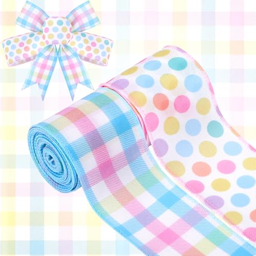 2 Rollen Ostern Pastell Karos und Punkte Drahtkante Band 12 Meter Büffelkaro und Polka Dots dekorative Bänder für Frühling Ostern Babyparty Geburtstag Schleife Kranz Herstellung DIY Handwerk von Welpurch