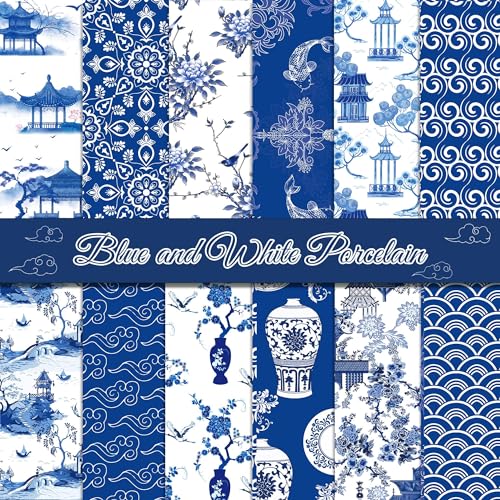 24 Blatt Chinoiserie Muster Scrapbook Papier, 12 Design Blau Weiß Porzellan Scrapbook Spezialpapier Doppelseitige Sammlung Orientalisches dekoratives Bastelpapier für Chinoiserie DIY Handwerk von Welpurch