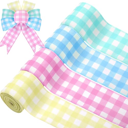 4 Rollen Frühlingsband mit Drahtrand, 20 m, Pastellkaro, Gingham-Muster, Regenbogen-Büffelkaro, Bänder für Frühling, Ostern, Schleife, Kranz, Basteln, Basteln von Welpurch