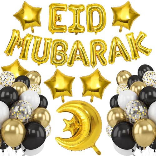 WenYa Eid Mubarak Ballonbogen-Set, Schwarz und Gold, Ramadan, Eid Mubarak, Latex, Aluminiumfolie, Mond, Sterne, Konfetti-Ballons für Eid-Party-Dekoration von WenYa