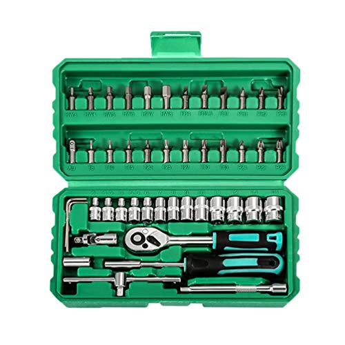 Wenchuang 46 Teiliges Steckschlüsselset Knarrenkasten Werkzeugset Autoreparatur-Werkzeugsatz Tragbar Ratschenkasten Bit Imbus Werkzeug Set (Grün#1, 24 * 15.5 * 6cm) von Wenchuang