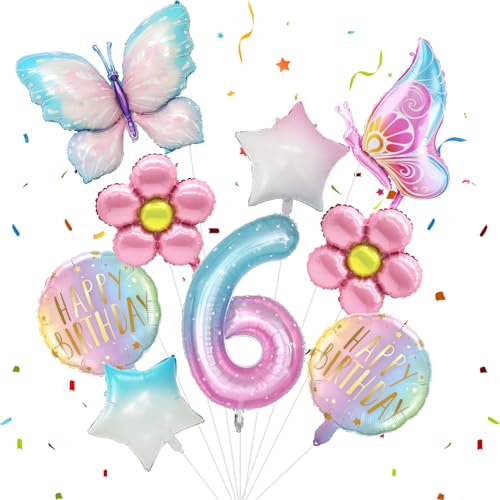11Stück Geburtstagsdeko Schmetterling Set, 6 Jahre Schmetterling Folienballon mit Schmetterlinge Pentagramme Kreisballons, Bunt Schmetterlinge Deko Geburtstag für Geburtstag Themen Party Dekoration von Wendergo