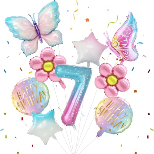 11Stück Geburtstagsdeko Schmetterling Set, 7 Jahre Schmetterling Folienballon mit Schmetterlinge Pentagramme Kreisballons, Bunt Schmetterlinge Deko Geburtstag für Geburtstag Themen Party Dekoration von Wendergo