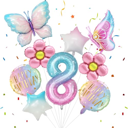 11Stück Geburtstagsdeko Schmetterling Set, 8 Jahre Schmetterling Folienballon mit Schmetterlinge Pentagramme Kreisballons, Bunt Schmetterlinge Deko Geburtstag für Geburtstag Themen Party Dekoration von Wendergo
