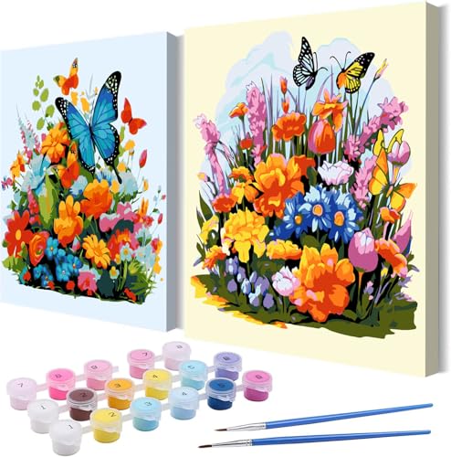 Wenfdrtr 4 Stück Blume Malen Nach Zahlen Kinder-DIY Malen Nach Zahlen für Kinder Ab 5 6 7 8 9 10 Jahre mit Rahmen,Handgemalt Ölgemälde Kit Kreative Geschenke für Mädchen und Junge(20x20 cm) von Wenfdrtr