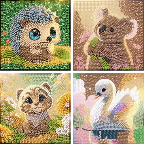 Wenfdrtr 4er Set Diamond Painting Kinder Tiere- 5D Diamant Painting Bilder Kinder, DIY Tiere Mosaik Bastelset für Kreative Geschenk Mädchen Junge Ab 6 7 8 9 10 11 12 (15x15 cm) von Wenfdrtr