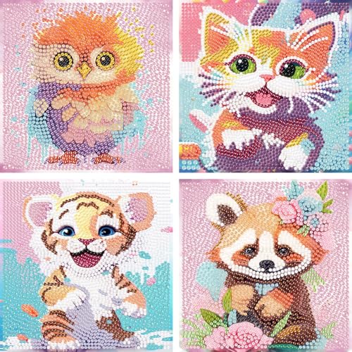 Wenfdrtr 4er Set Diamond Painting Kinder Tiere- 5D Diamant Painting Bilder Kinder, DIY Tiere Mosaik Basteln für Kreative Geschenkideen Mädchen Junge Ab 6 7 8 9 10 11 12 (15x15 cm) von Wenfdrtr