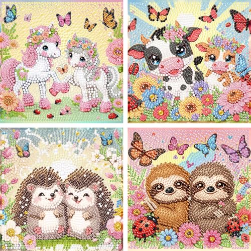 Wenfdrtr 4er Set Diamond Painting Kinder Tiere- 5D Diamant Painting Bilder Kinder Tiere, DIY Mosaik Basteln für Kreative Geschenk Mädchen Junges Ab 6 7 8 9 10 11 12(15x15 cm) von Wenfdrtr