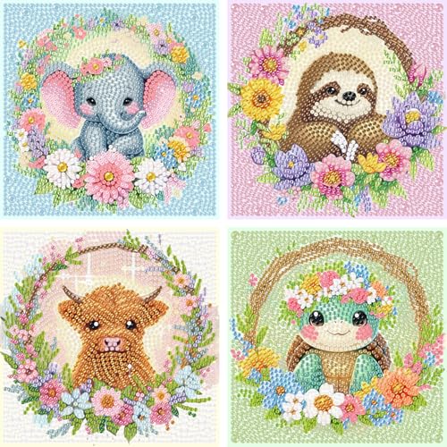 Wenfdrtr 4er Set Diamond Painting Kinder Tiere- 5D Diamant Painting Bilder Kinder Tiere, DIY Mosaik Bastelset für Kreative Geschenk Mädchen Junge Ab 6 7 8 9 10 11 12(15x15 cm) von Wenfdrtr