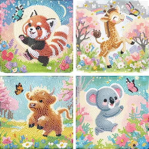 Wenfdrtr 4er Set Diamond Painting Kinder Tiere- 5D Diamant Painting Bilder Kinder Tiere, DIY Mosaik Bastelset für Kreative Geschenk Mädchen Junge Ab 6 7 8 9 10 11 12 (15x15 cm) von Wenfdrtr