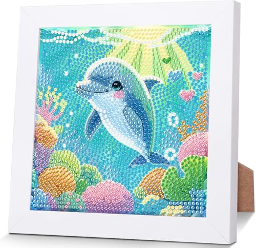 Wenfdrtr Diamond Painting Kinder Delphin Mit Holzrahmen- 5D Diamant Painting Bilder Kinder Delfin, DIY Meerestiere Mosaik Bastelset für Geschenkideen Mädchen Junge Ab 6 7 8 9 10 11 12 (18x18 cm) von Wenfdrtr