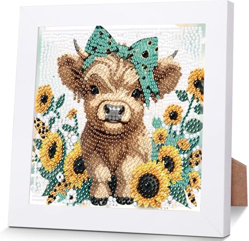 Wenfdrtr Diamond Painting Kinder Hochlandrind Mit Holzrahmen- 5D Diamant Painting Bilder Kinder Kuh, DIY Tiere Mosaik Bastelset für Geschenkideen Mädchen Junge Ab 6 7 8 9 10 11 12 (18x18 cm) von Wenfdrtr