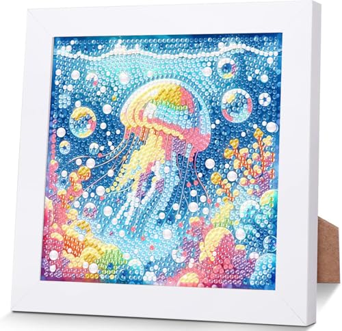 Wenfdrtr Diamond Painting Kinder Quallen Mit Holzrahmen- 5D Diamant Painting Bilder Kinder, DIY Meerestiere Mosaik Bastelset für Geschenkideen Mädchen Junge Ab 6 7 8 9 10 11 12 (18x18 cm) von Wenfdrtr