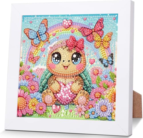 Wenfdrtr Diamond Painting Kinder Schildkröte Mit Holzrahmen- 5D Diamant Painting Bilder Kinder Schildkröte, DIY Tiere Mosaik Basteln für Kreative Geschenk Mädchen Junge Ab 6 7 8 9 10 11 12 (18x18 cm) von Wenfdrtr