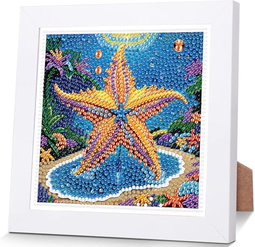 Wenfdrtr Diamond Painting Kinder Seesterne Mit Holzrahmen- 5D Diamant Painting Bilder Kinder, DIY Meerestiere Mosaik Bastelset für Geschenkideen Mädchen Junge Ab 6 7 8 9 10 11 12 (18x18 cm) von Wenfdrtr