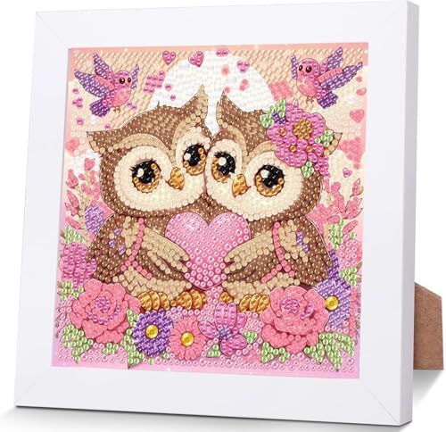 Wenfdrtr Diamond Painting Kinder Eule Mit Holzrahmen- 5D Diamant Painting Bilder Kinder Eulen, DIY Tiere Mosaik Basteln für Kreative Geschenk Mädchen Junge Ab 6 7 8 9 10 11 12 (18x18 cm) von Wenfdrtr