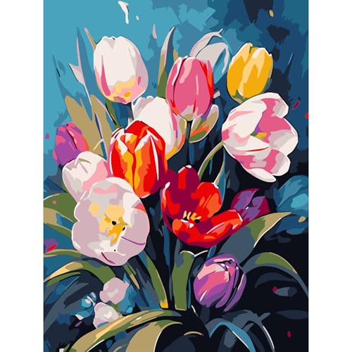 Wenfdrtr Malen Nach Zahlen Erwachsene Tulpen- Flower Paint by Numbers Adult, Flowers Painting by Numbers, Blume Ölgemälde Bastelset Erwachsene für Home Deko Geburtstag 40x40 cm (Ohne Rahmen) von Wenfdrtr