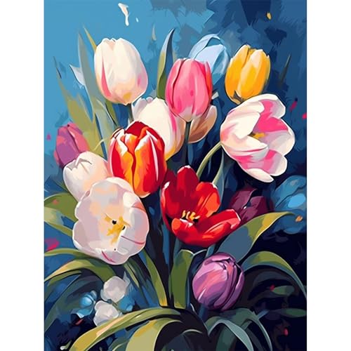 Wenfdrtr Malen Nach Zahlen Erwachsene Tulpen- Flower Paint by Numbers Adult, Flowers Painting by Numbers, Blume Ölgemälde Bastelset Erwachsene für Home Deko Geburtstag 40x40 cm (Ohne Rahmen) von Wenfdrtr