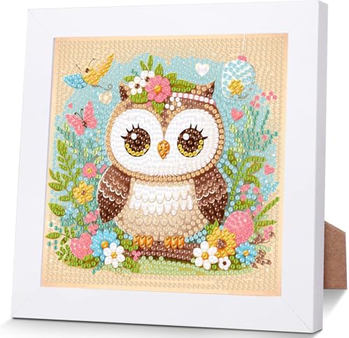 Wenfdrtr Diamond Painting Kinder Eule Mit Holzrahmen- 5D Diamant Painting Bilder Kinder, DIY Eulen Mosaik Bastelset für Geschenkideen Mädchen Junge Ab 6 7 8 9 10 11 12 (18x18 cm) von Wenfdrtr