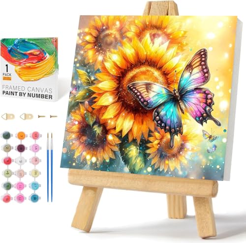 Wenfdrtr Schmetterling Malen Nach Zahlen Erwachsene Set-DIY Sonnenblume Malen Nach Zahlen mit Rahmen,Handgemalt Ölgemälde Kit Kreative Geschenke für Hausdekoration Geschenk(20x20 cm) von Wenfdrtr