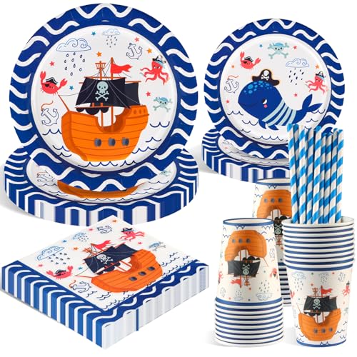 WenmthG 100 PCS Piraten Partygeschirr Set - Piraten Deko Kindergeburtstag - Piraten Geburtstag Deko für Jungen Madchen - Kindergeburtstag Deko mit Pappteller, Servietten... für 20 Gäste von WenmthG