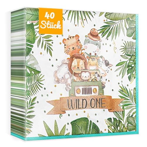 WenmthG 40 Stück Dschungel Servietten Kindergeburtstag Deko 33 x 33 cm - 40 Wild one Servietten Geburtstag weich Kein abfärben für Junge Mädchen von WenmthG