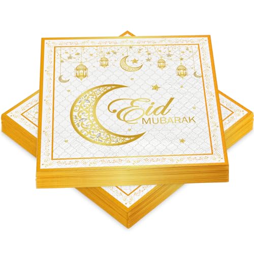 WenmthG 40 Stück Eid Mubarak Servietten Ramadan Deko - Ramadan Servietten Gold Weiß 3-Lagige weich 33x33 cm - Ramadan Tischdeko - Eid Deko Stern Mond Zubehör Ramadan - Ramazan dekor von WenmthG