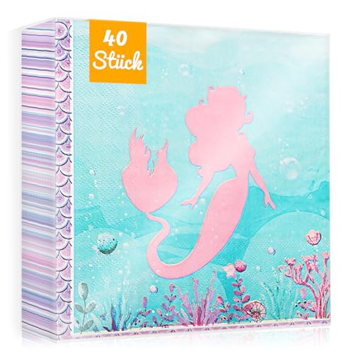 WenmthG 40 Stück Servietten Meerjungfrau Kindergeburtstag Deko 33 x 33 cm - 40 Servietten Geburtstag Kinder weich Kein abfärben, Meerjungfrau Servietten Deko von WenmthG