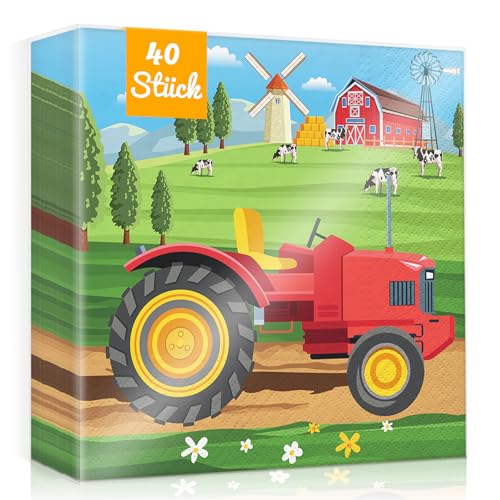 WenmthG 40 Stück Traktor Servietten Kindergeburtstag Deko 33 x 33 cm - 40 Servietten Geburtstag Traktor weich Kein abfärben für Junge Mädchen von WenmthG