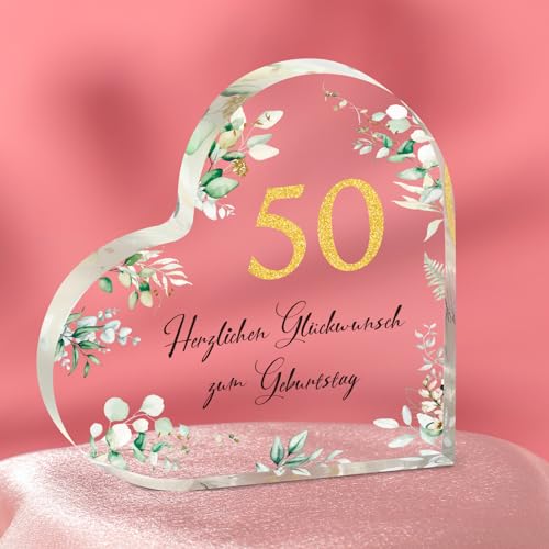 WenmthG Geschenk 50 Geburtstag Frau - Acryl Herz Tischschmuck/Briefbeschwerer, 50. Geburtstagsgeschenk für Freundin, Schwester, Kollegin, Mama, Tante, Tochter von WenmthG