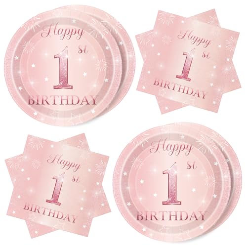 WenmthG Deko 1. Geburtstag Mädchen, 40 Stück Rosa Geburtstag Servietten und Pappteller Set - Happy Birthday erster Geburtstag Servietten - Tischdeko 1. Geburtstag Mädchen - Servietten 1. Geburtstag von WenmthG