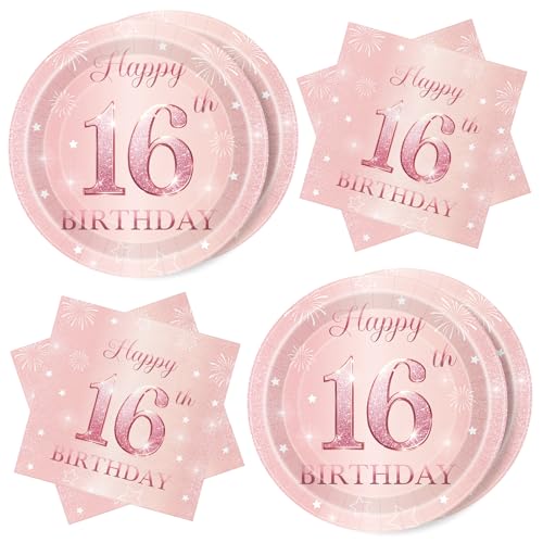 WenmthG Deko 16. Geburtstag Mädchen, 40 Stück Rosa Geburtstag Servietten und Pappteller Set - Happy Birthday 16 Geburtstag Servietten - Tischdeko 16. Geburtstag Mädchen - Servietten 16. Geburtstag von WenmthG