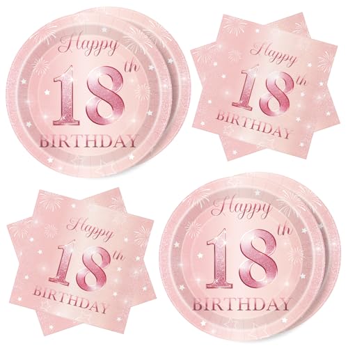 WenmthG Deko 18. Geburtstag Mädchen, 40 Stück Rosa Geburtstag Servietten und Pappteller Set - Happy Birthday 18 Geburtstag Servietten - Tischdeko 18. Geburtstag Mädchen - Servietten 18. Geburtstag von WenmthG