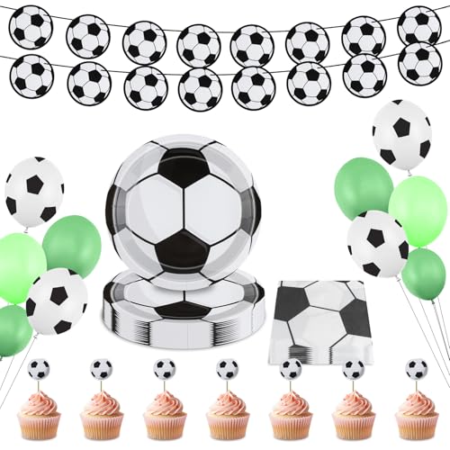 WenmthG Fußball Party Deko Partygeschirr Set, 7 Zoll Fußball Pappteller, Fußball Servietten, Fußball Latexballons, Fußball Cupcake Flags, Fußball Wimpelkette von WenmthG