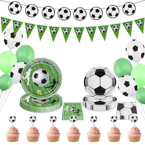 WenmthG Fußball Party Deko Partygeschirr Set, 7 und 9 Zoll Fußball Pappteller, Fußball Servietten, Fußball Latexballons, Fußball Cupcake Flags, Fußball Wimpelkette und Dreieckige Wimpelkette von WenmthG