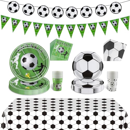 WenmthG Fußball Party Deko Partygeschirr Set, Fußball Tischdecke, Fußball Pappbecher, Fußball Pappbecher, Fußball Servietten, 7 und 9 Zoll Fußball Pappteller, Fußball und Dreieckige Wimpelkette von WenmthG