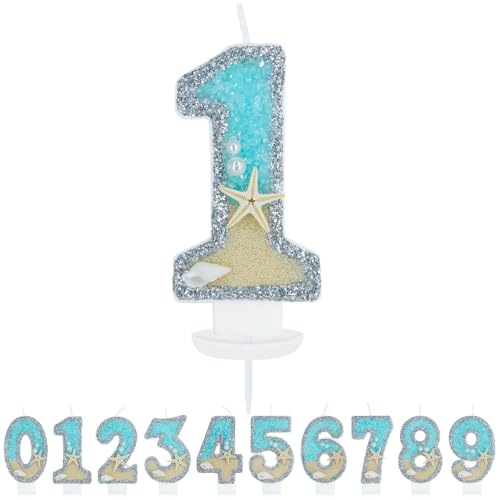 WenmthG Geburtstagskerze Zahlen 1 für Jungen Mädchen - 3D Blau Gelb Ozean Strand Geburtstag Kerze - Nummer 1 Geburtstag Torte Dekoration - Glitzernde Kerze 1 - Personalisierte Geburtstagskerzen von WenmthG