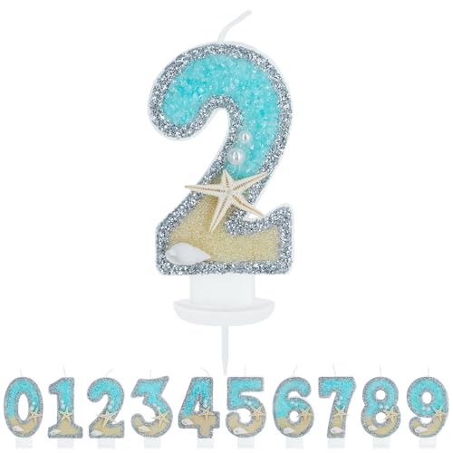 WenmthG Geburtstagskerze Zahlen 2 für Jungen Mädchen - 3D Blau Gelb Ozean Strand Geburtstag Kerze - Nummer 2 Geburtstag Torte Dekoration - Glitzernde Kerze 2 - Personalisierte Geburtstagskerzen von WenmthG