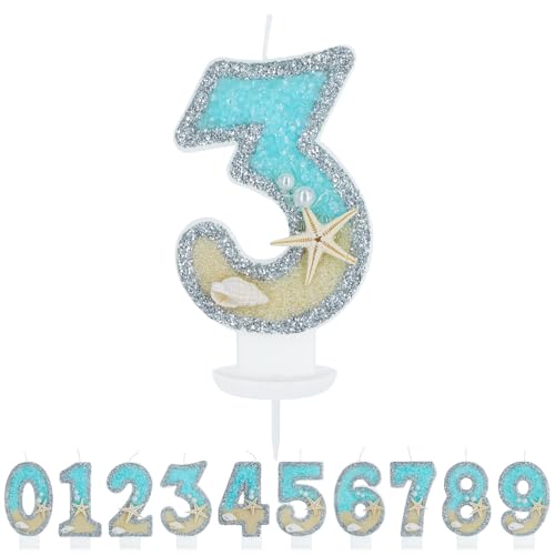 WenmthG Geburtstagskerze Zahlen 3 für Jungen Mädchen - 3D Blau Gelb Ozean Strand Geburtstag Kerze - Nummer 3 Geburtstag Torte Dekoration - Glitzernde Kerze 3 - Personalisierte Geburtstagskerzen von WenmthG