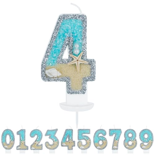 WenmthG Geburtstagskerze Zahlen 4 für Jungen Mädchen - 3D Blau Gelb Ozean Strand Geburtstag Kerze - Nummer 4 Geburtstag Torte Dekoration - Glitzernde Kerze 4 - Personalisierte Geburtstagskerzen von WenmthG