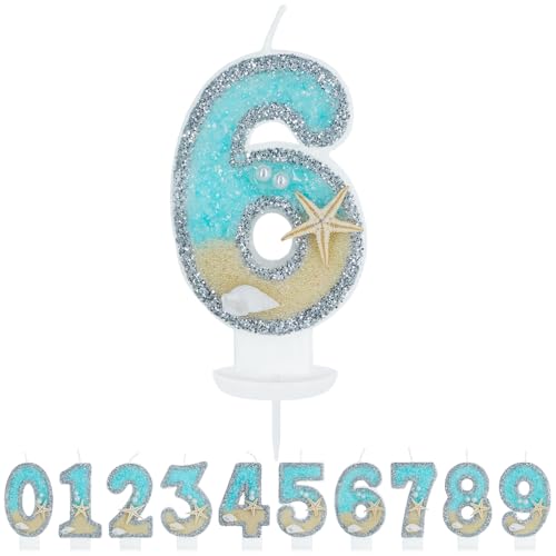 WenmthG Geburtstagskerze Zahlen 6 für Jungen Mädchen - 3D Blau Gelb Ozean Strand Geburtstag Kerze - Nummer 6 Geburtstag Torte Dekoration - Glitzernde Kerze 6 - Personalisierte Geburtstagskerzen von WenmthG