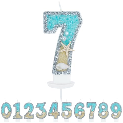 WenmthG Geburtstagskerze Zahlen 7 für Jungen Mädchen - 3D Blau Gelb Ozean Strand Geburtstag Kerze - Nummer 7 Geburtstag Torte Dekoration - Glitzernde Kerze 7 - Personalisierte Geburtstagskerzen von WenmthG