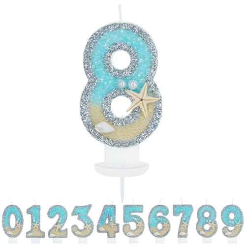 WenmthG Geburtstagskerze Zahlen 8 für Jungen Mädchen - 3D Blau Gelb Ozean Strand Geburtstag Kerze - Nummer 8 Geburtstag Torte Dekoration - Glitzernde Kerze 8 - Personalisierte Geburtstagskerzen von WenmthG