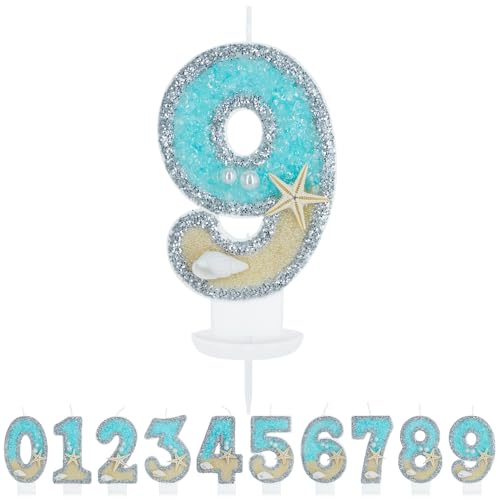 WenmthG Geburtstagskerze Zahlen 9 für Jungen Mädchen - 3D Blau Gelb Ozean Strand Geburtstag Kerze - Nummer 9 Geburtstag Torte Dekoration - Glitzernde Kerze 9 - Personalisierte Geburtstagskerzen von WenmthG