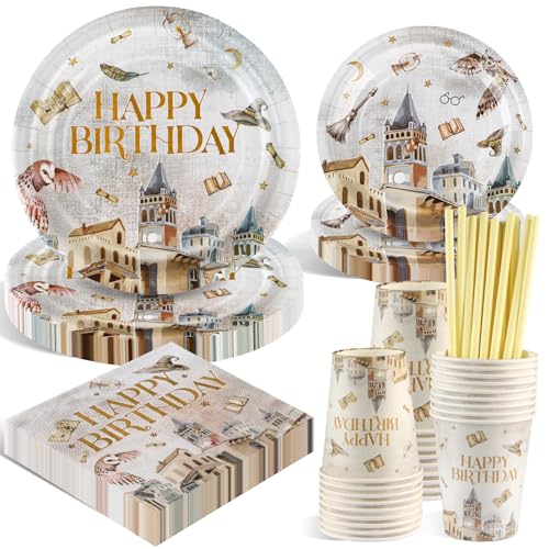 WenmthG Harry Geburtstag Deko - 120 Stück Magischer Wizard Partygeschirr Set - Kindergeburtstag Deko - Happy Birthday Deko Servietten Pappteller Becher für Mädchen Jungen - Einweggeschirr aus Plastik von WenmthG