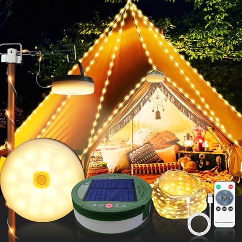 Versenkbare LED Camping Lichterkette,10m Solar-Camping-Märchenlicht, Outdoor-Camping-Umgebungslicht mit Fernbedienung, tragbares lagerfähiges Solar-Campinglicht 8 Lichtmodi, Zelt-Notbeleuchtung von Wenosda