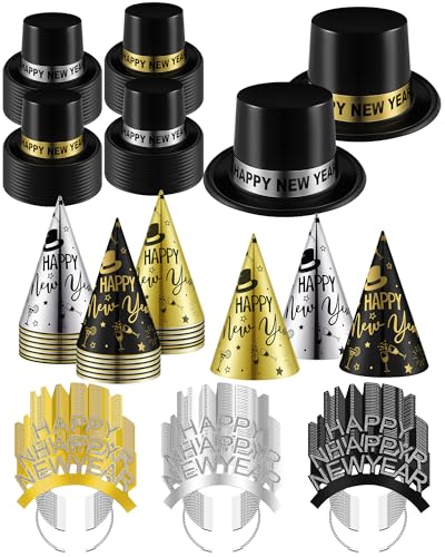 Wenqik 150 Stück 2025 Silvester Party Supplies für 150 Gäste Enthält 48 Zylinderhüte 54 Kegelhüte 48 Diademe 2025 Dekorationen Kit für Silvesterfeier, Schwarz, Gold und Silber von Wenqik