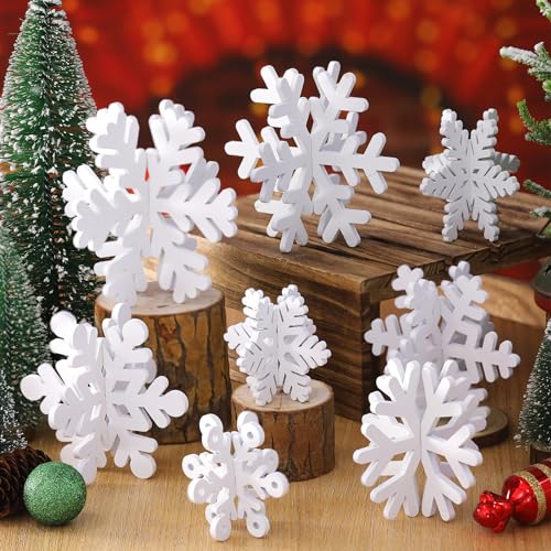 Wenqik 16 Stück Weihnachten Holz Schneeflocke Dekor Winter Tischdekorationen 3D Tischschilder Stehende Mittelstück abgestufte Tablett-Dekorationen für Winter, Weiss/opulenter Garten von Wenqik