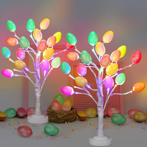 Wenqik 2 Stück 61 cm Ostern beleuchtete Birke Baum Osterei Baumschmuck Batterie- oder USB-betrieben 24 warmweiße LED-Lichter Birke Baum mit Ei Ornamente Tischdekoration für Party Zuhause Dekorationen von Wenqik